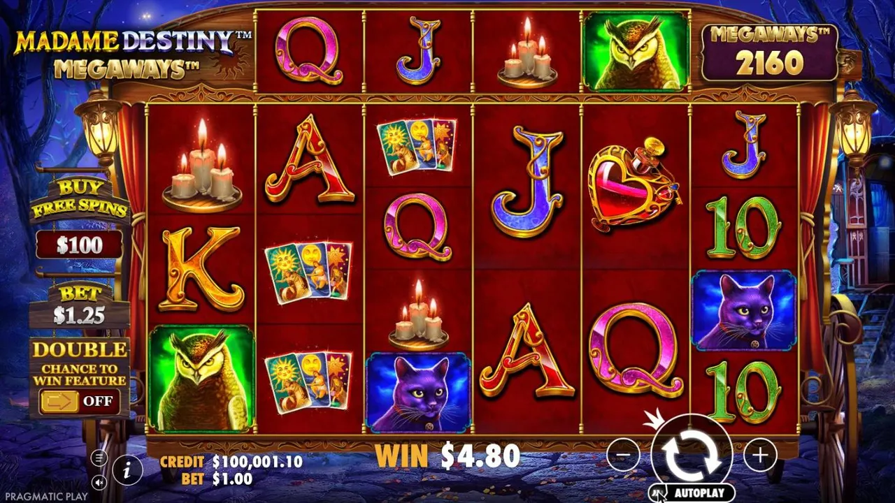 Madame Destiny Megaways base game at a $1 bet: owls, cats, tarot cards and candles in a fortune teller's wagon, MEGAWAYS 2160, WIN $4.80