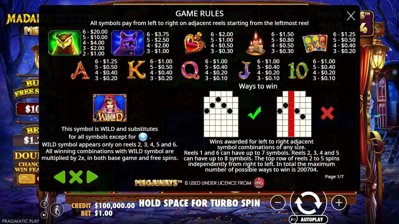 Madame Destiny Megaways rules page 1: the paytable at a $1 bet and the Madame Destiny WILD, which doubles wins on reels 2 to 6