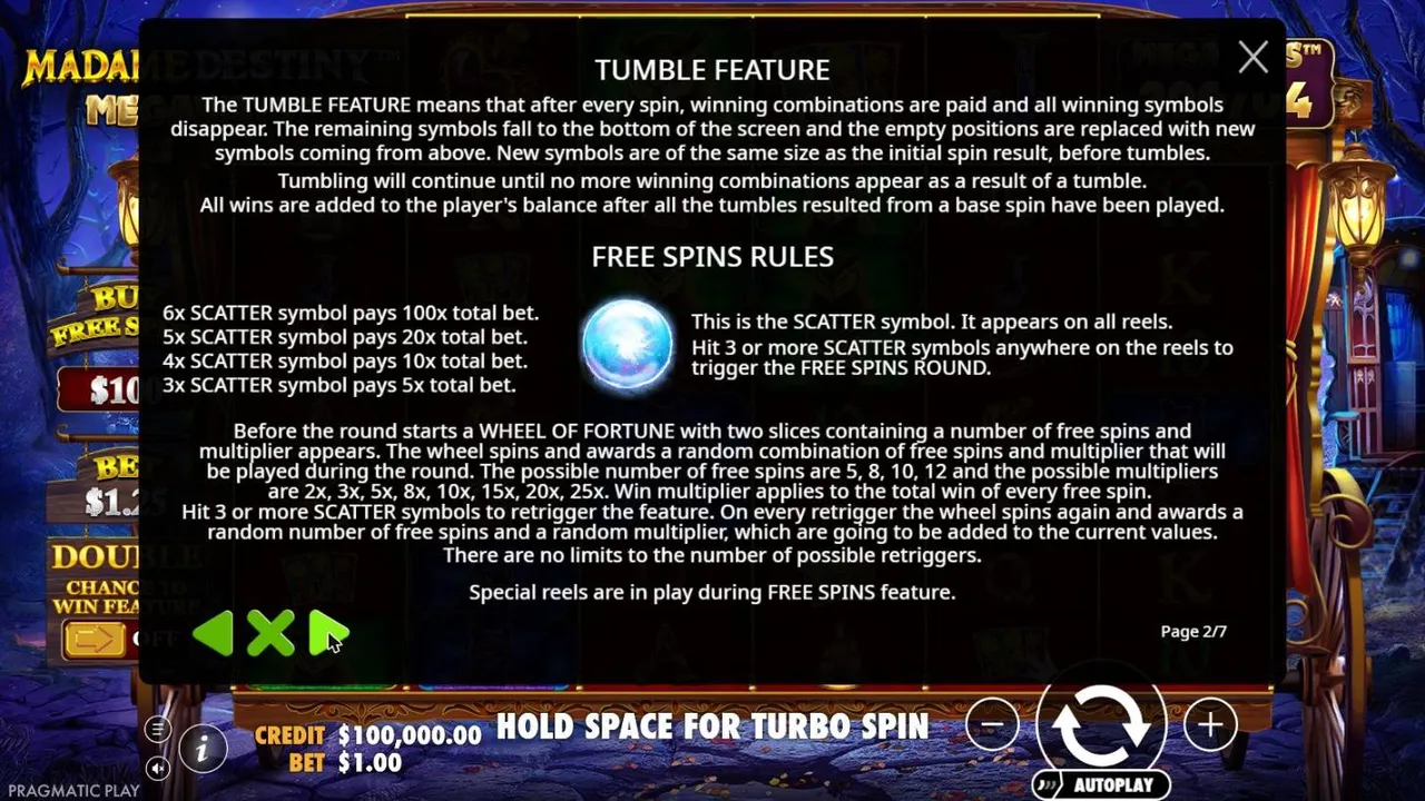 Madame Destiny Megaways rules page 2: the tumble feature, the crystal ball scatter pays and the Wheel of Fortune free spins rules