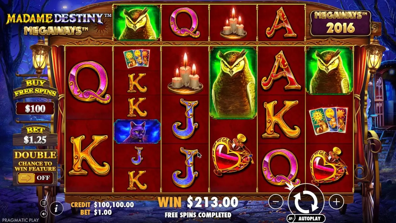 Madame Destiny Megaways board after our $100 free spins buy at a $1 bet: owls, candles and potion hearts, WIN $213.00, FREE SPINS COMPLETED