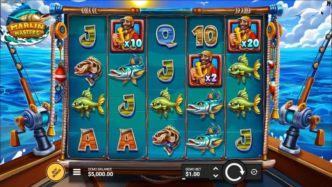 Marlin Masters base game at a $1 bet: a 5x4 grid of fish and card letters with Fishermen at x10, x2 and x20, on a boat deck at sea