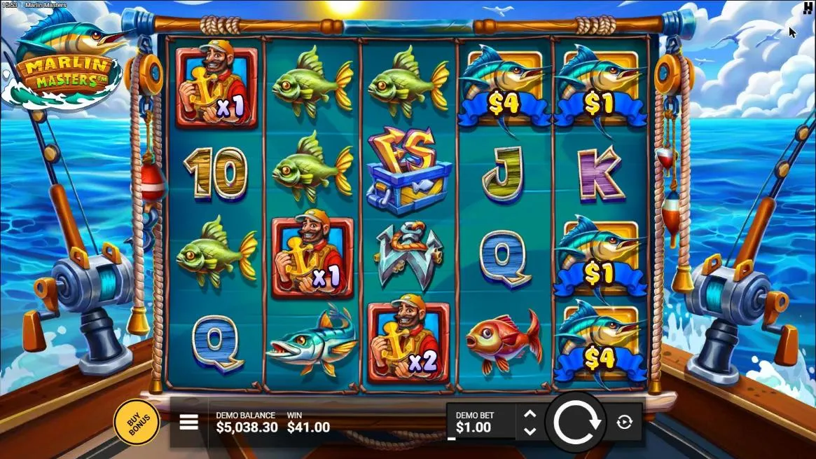 Marlin Masters base spin 3 at a $1 bet, settled: Fishermen at x1, x1 and x2 and Marlins of $4, $1, $1 and $4, WIN $41.00