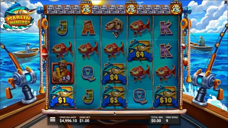 Marlin Masters Reel It In! first free spin: the Marlin Progress Bar above the grid, a x4 Fisherman on reel 1 and five Marlins of $1 to $10