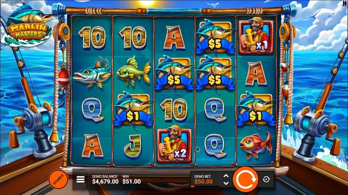Marlin Masters Fishy FeatureSpins spin 10 at a $50 demo bet, settled: x1 and x2 Fishermen and Marlins of $5, $5, $5, $1 and $1, WIN $51.00