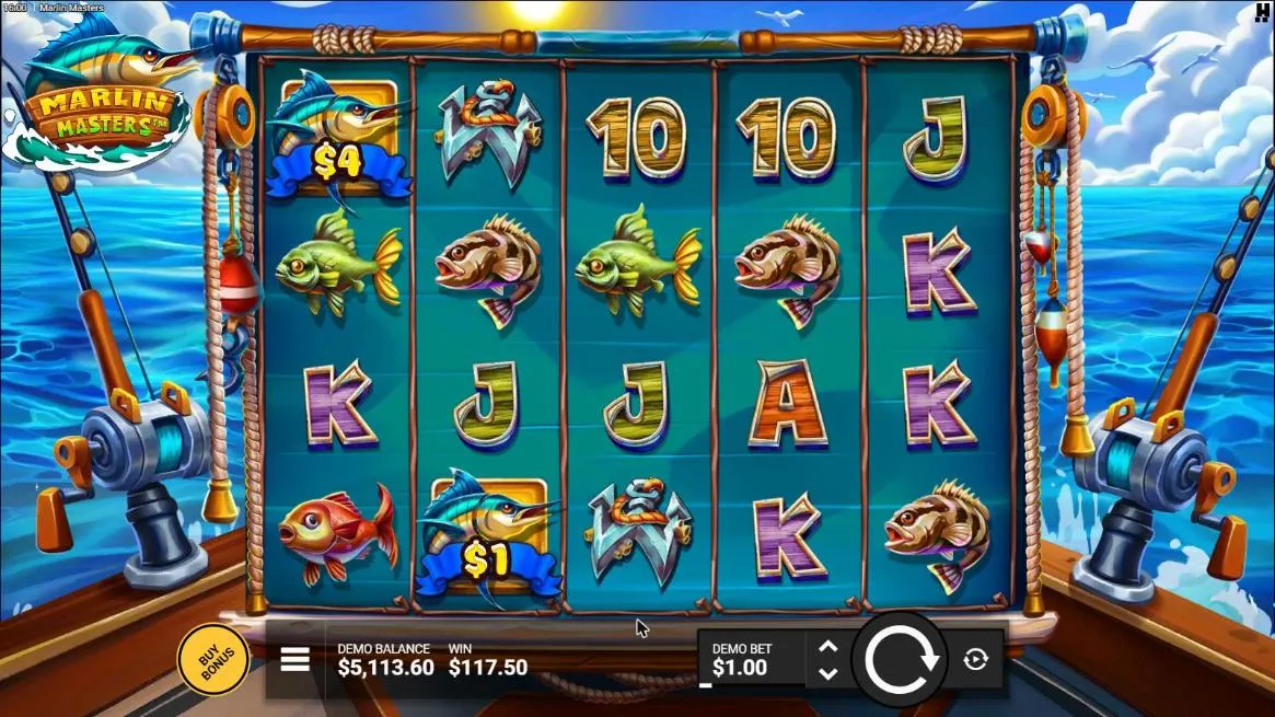 Marlin Masters base screen after the natural Reel It In! from spin 49 at a $1 bet, settled: WIN $117.50, DEMO BALANCE $5,113.60