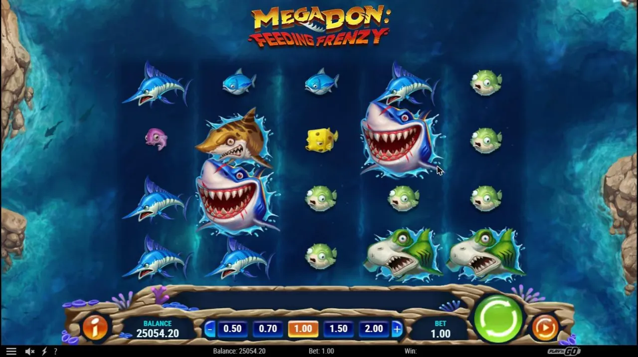 Mega Don: Feeding Frenzy main game at a $1 bet after spin 100: Mega Dons, a leopard shark, hammerheads, marlins and puffer fish on 5x4 reels