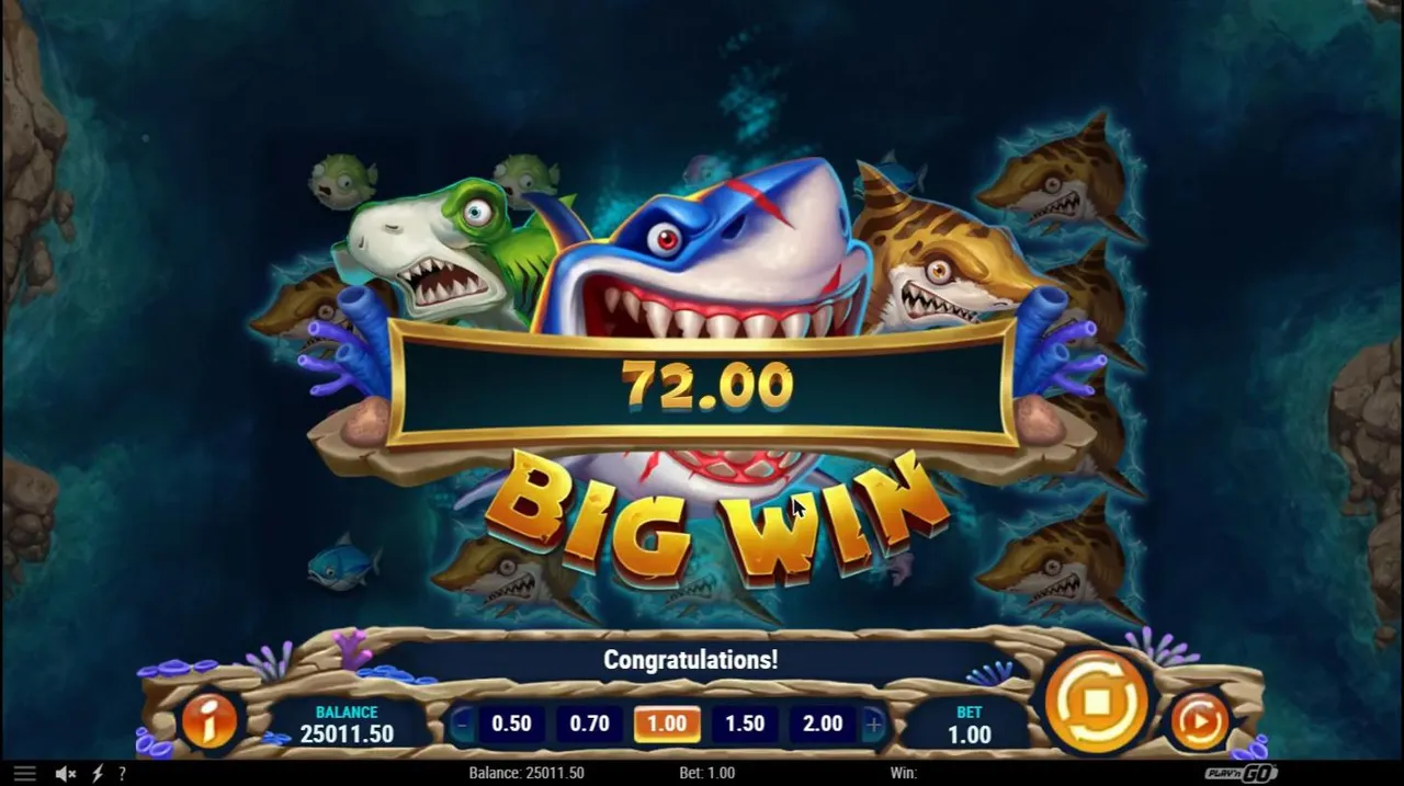 Mega Don: Feeding Frenzy base spin 37 at a $1 bet: BIG WIN 72.00 banner over Mega Don, the hammerhead and the leopard shark, Congratulations