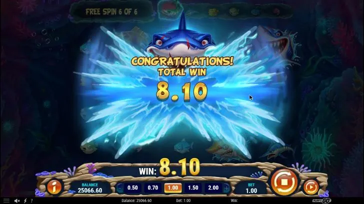Mega Don: Feeding Frenzy end of Shark Feast with Mega Don chosen at a $1 bet: CONGRATULATIONS, TOTAL WIN 8.10 after free spin 6 of 6