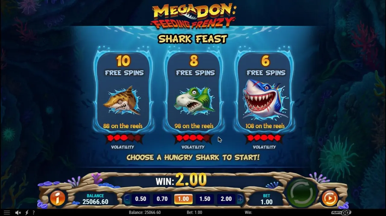 Mega Don: Feeding Frenzy Shark Feast choice after spin 68 at a $1 bet: 10, 8 or 6 free spins with 88, 98 or 108 sharks, WIN 2.00