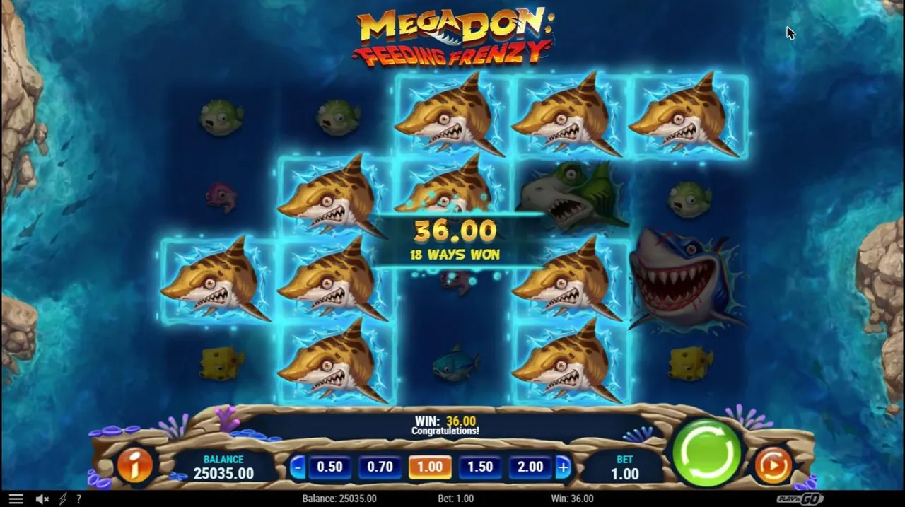 Mega Don: Feeding Frenzy base spin 1 at a $1 bet: leopard sharks highlighted across all five reels, 36.00 and 18 WAYS WON, WIN 36.00