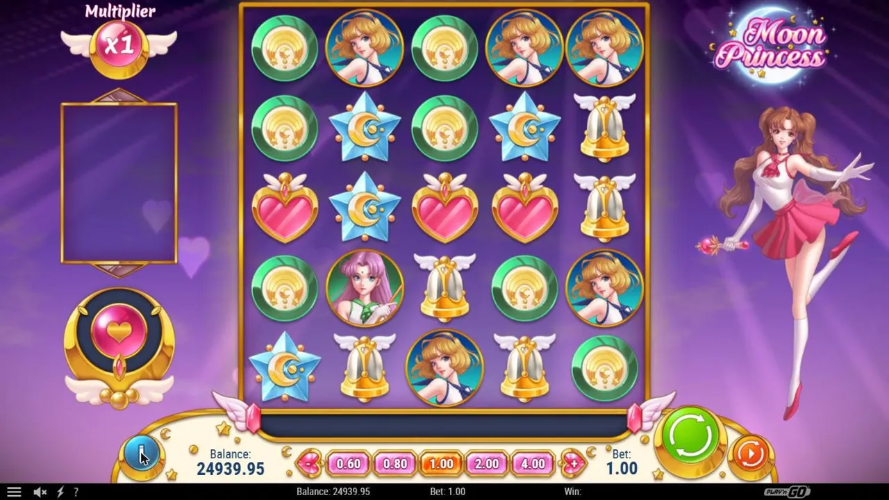 Moon Princess base spin 100 at a $1 bet, settled with no win: the 5x5 symbol grid, Multiplier x1, the round meter and Love on the right