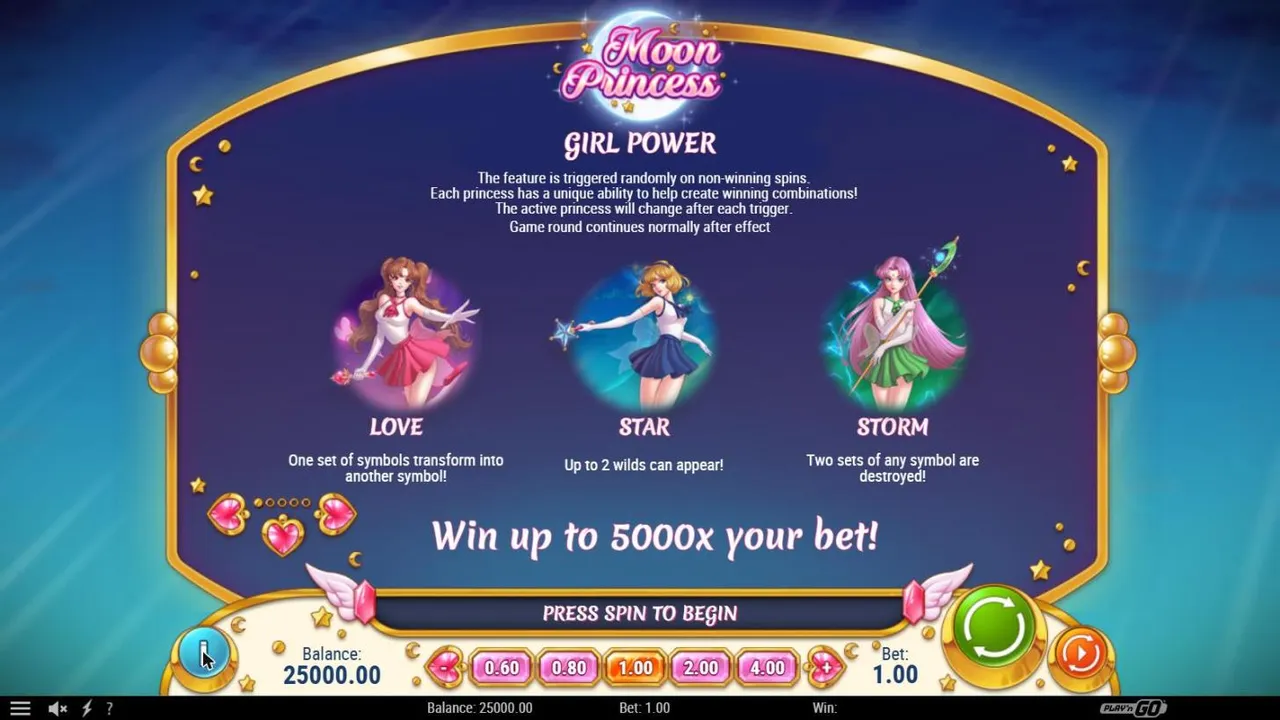 Moon Princess Girl Power paytable page: Love, Star and Storm with their powers on losing rounds and Win up to 5000x your bet