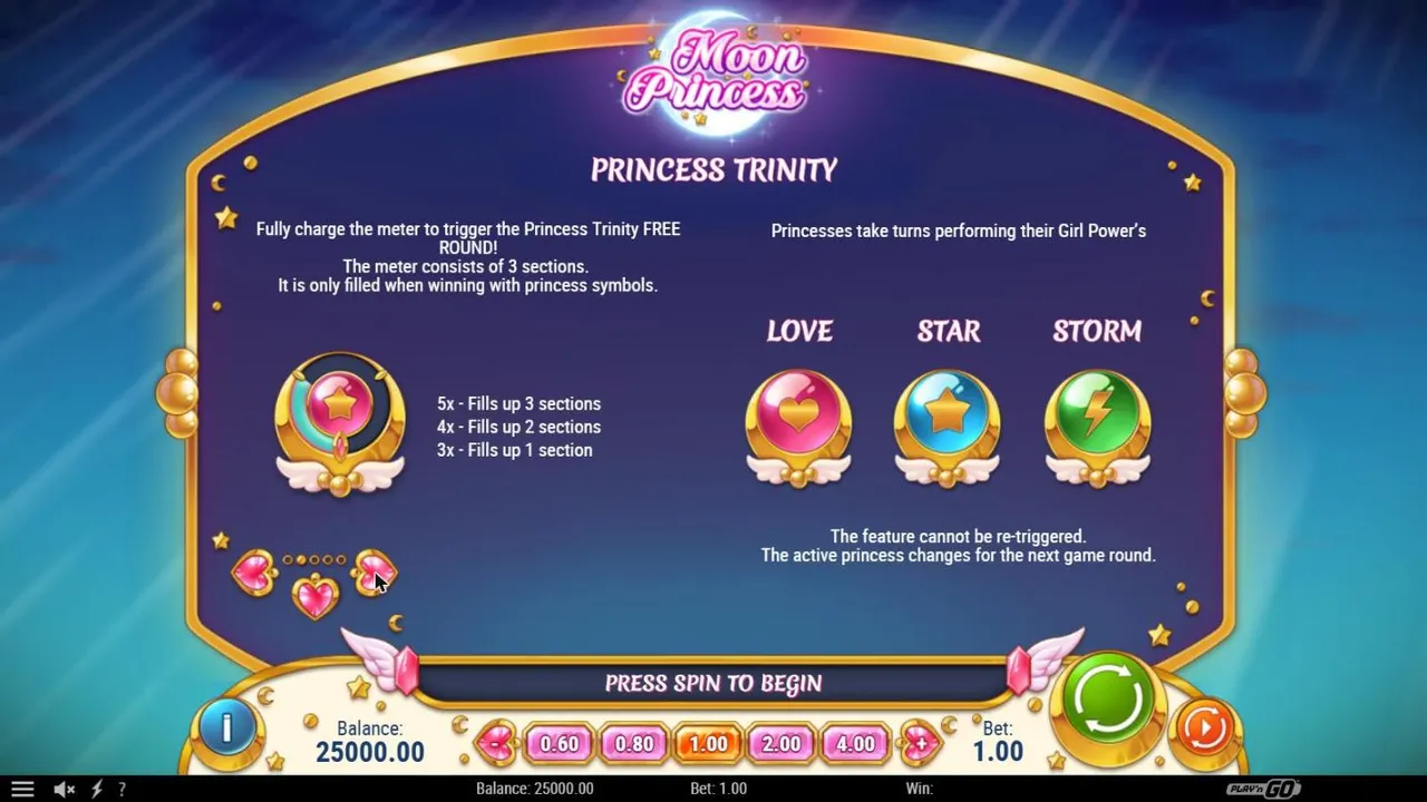 Moon Princess Princess Trinity paytable page: the three-section meter filled by princess wins and the free round the three share