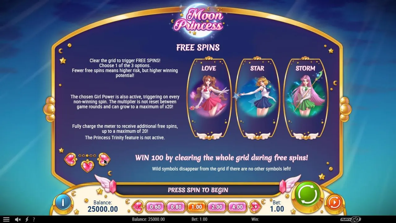 Moon Princess free spins paytable page: clear the grid, choose Love, Star or Storm, multiplier up to x20 and WIN 100 for a clear