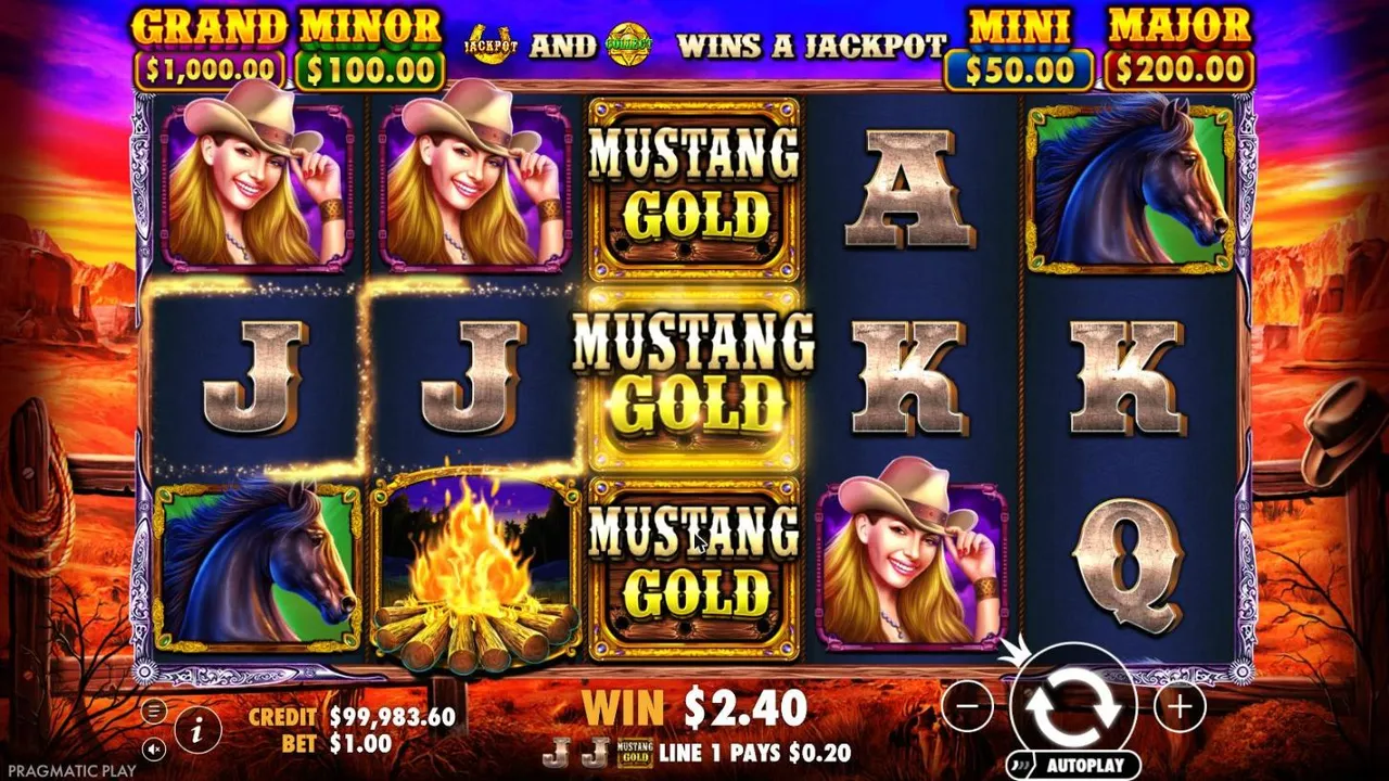 Mustang Gold base game at a $1 bet: a stacked MUSTANG GOLD wild on reel 3 beside cowgirls, Js and a campfire, under four jackpot panels