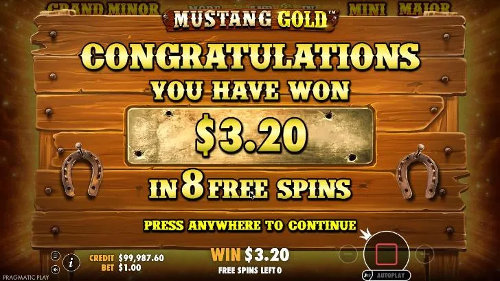 Mustang Gold result screen after the spin 25 free spins at a $1 bet: CONGRATULATIONS YOU HAVE WON $3.20 IN 8 FREE SPINS