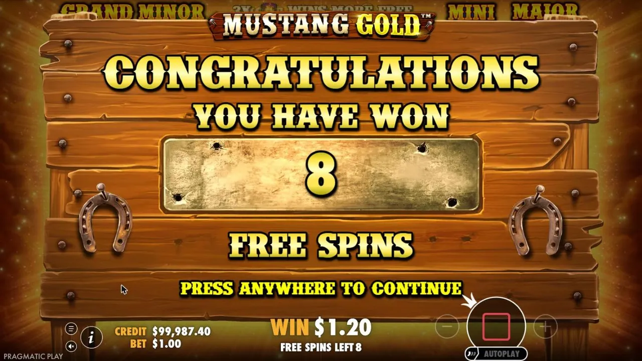 Mustang Gold award screen on wooden boards with two horseshoes: CONGRATULATIONS YOU HAVE WON 8 FREE SPINS, WIN $1.20