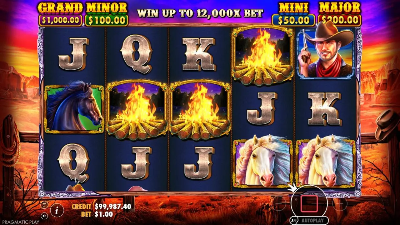 Mustang Gold free spins trigger on spin 19 at a $1 bet: three campfire scatters on reels 2, 3 and 4 and two white mustangs on reels 4 and 5