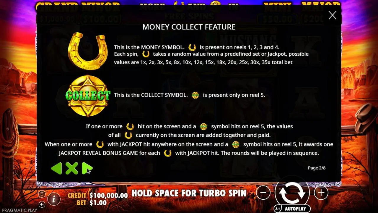 Mustang Gold rules page 2: the golden horseshoe money symbol on reels 1 to 4, worth 1x to 35x, and the COLLECT sheriff's star on reel 5