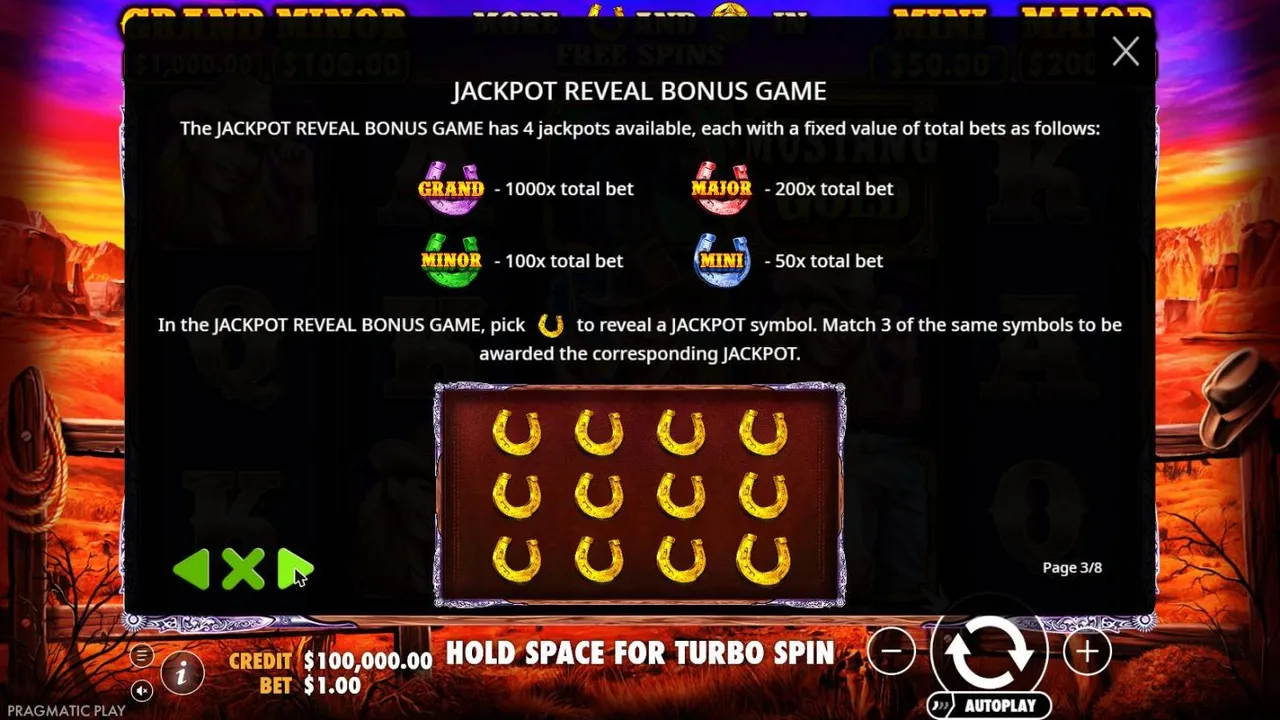 Mustang Gold rules page 3: the Jackpot Reveal pick game with GRAND 1000x, MAJOR 200x, MINOR 100x and MINI 50x and a grid of 12 horseshoes