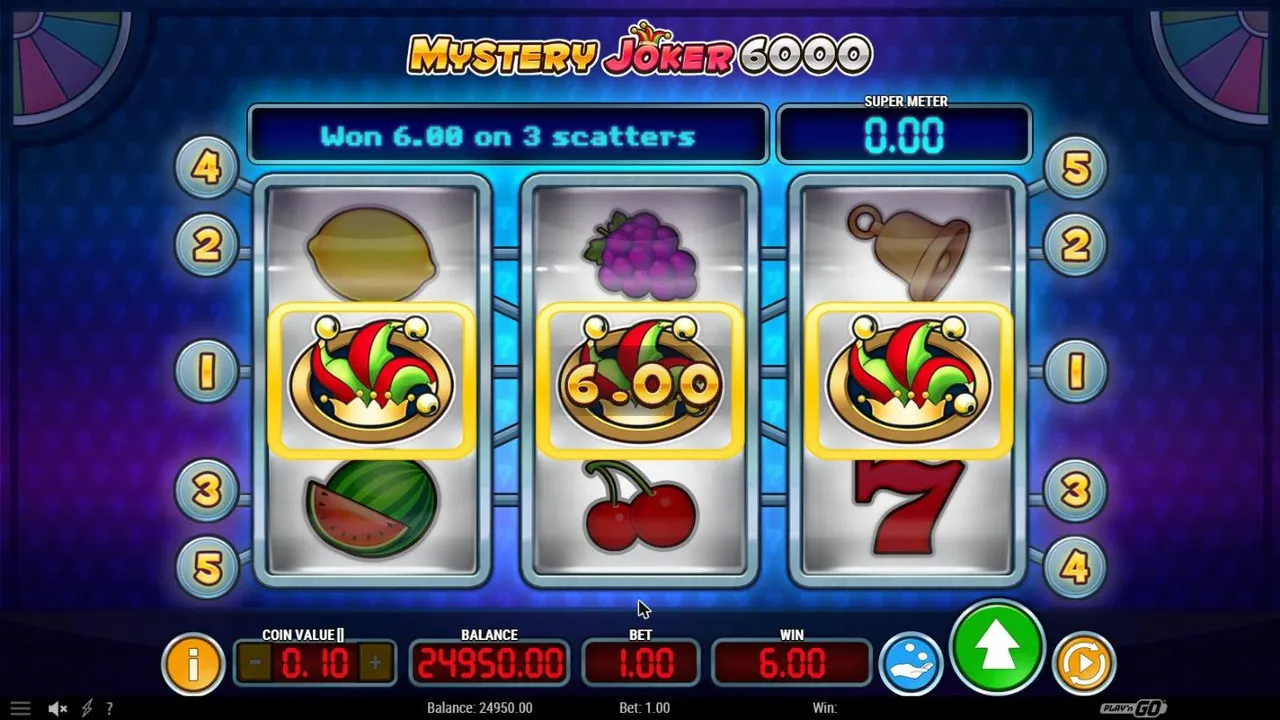 Mystery Joker 6000 spin 50 at a $1 bet: three Jokers on line 1, Won 6.00 on 3 scatters, WIN 6.00, with the COLLECT and TRANSFER buttons