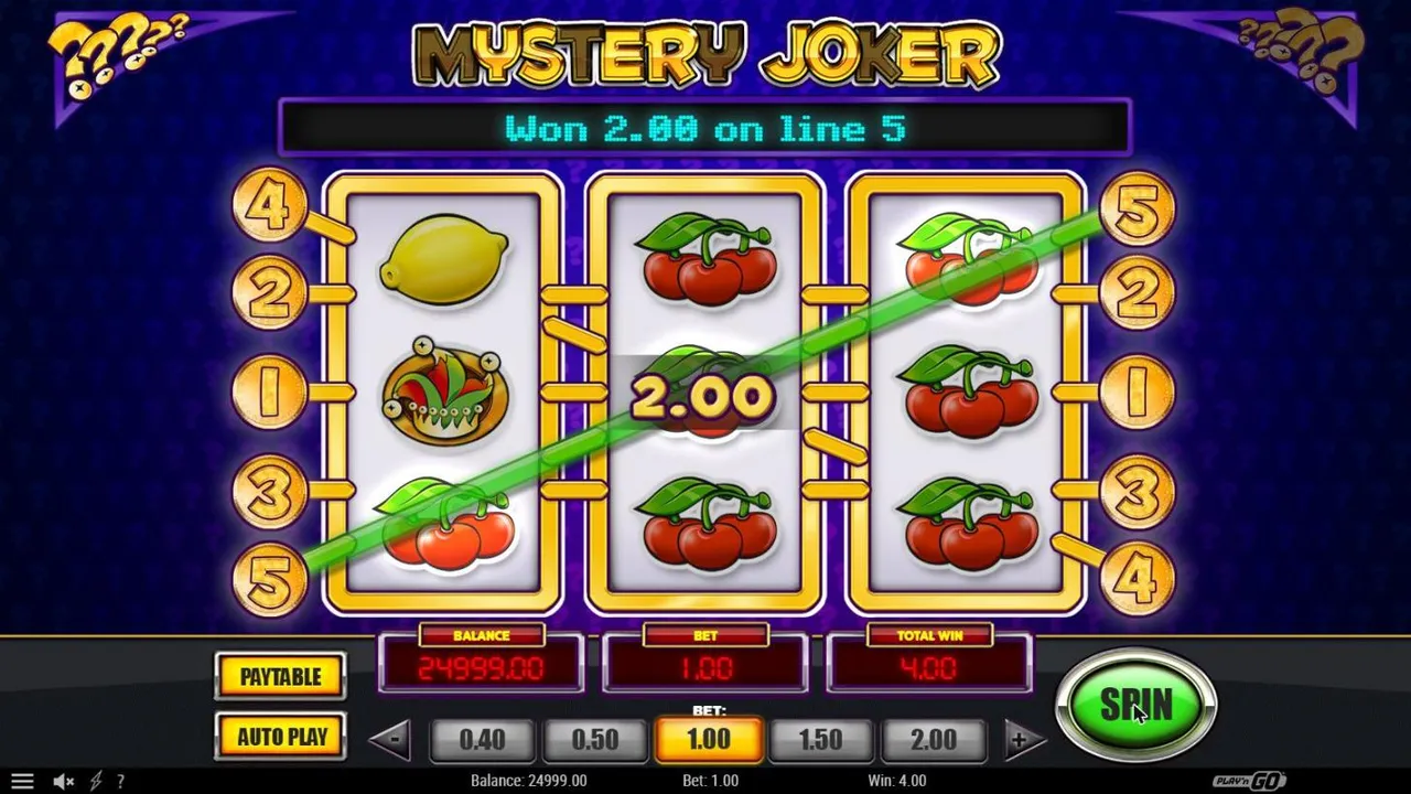 Mystery Joker base spin 7 at a $1 bet, settled: cherries on the bottom row and the rising diagonal, a joker hat on reel 1, TOTAL WIN 4.00