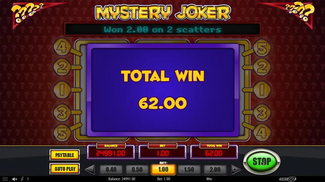 Mystery Joker end of the free spins from base spin 23 at a $1 bet: a TOTAL WIN 62.00 panel over the reels and TOTAL WIN 62.00 below