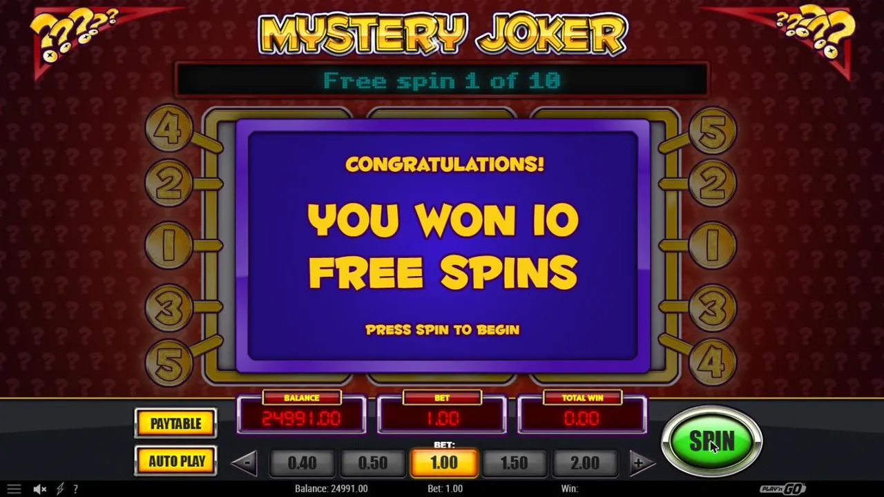 Mystery Joker free spins award after base spin 23 at a $1 bet: You won 10 free spins, press spin to begin, Free spin 1 of 10