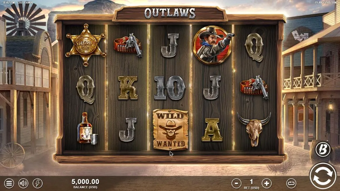 Outlaws base game at a $1 bet: a 5x3 wooden board with a sheriff star, revolvers, a gunslinger, a Wild Wanted poster and card ranks on main street