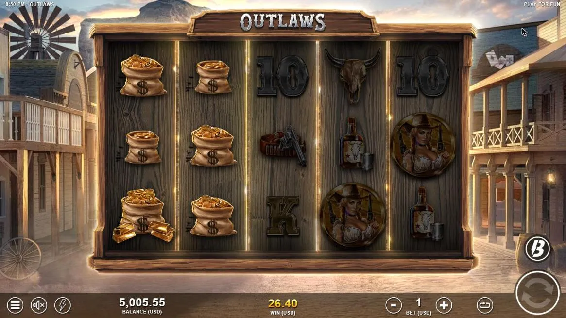Outlaws base spin 67 at a $1 bet, settled after a Dynamite Blast: six money bags on reels 1 and 2, one with gold bars, WIN 26.40