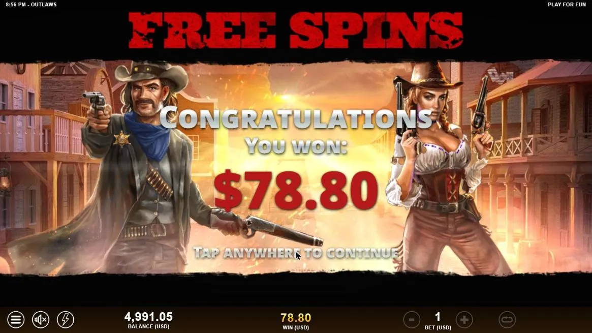 Outlaws free spins result screen after base spin 100 at a $1 bet: Congratulations, You won $78.80, with the gunslinger and the cowgirl