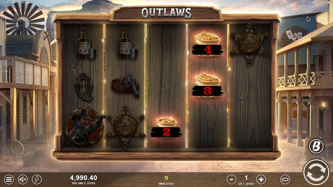 Outlaws Dynamite Blast on base spin 27 at a $1 bet, settled: money bags marked 2, 4 and 3 on reels 3 and 4, WIN 9, balance 4,990.40