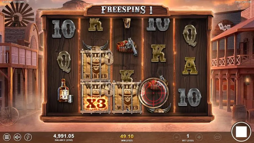 Outlaws free spins: three Sticky Wilds behind bars on reels 2 and 3, one showing X3, the crosshair on reel 4 and WIN 49.10 so far