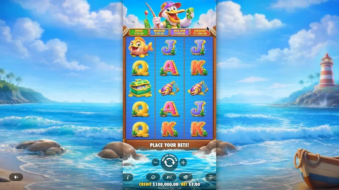 Pelican Payday base game at a $1 bet: three reels of five with a goldfish, chests, lures and letters under the pelican and jackpot bar