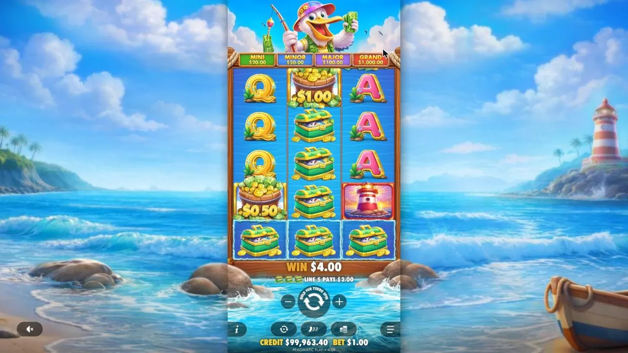 Pelican Payday spin 49 at a $1 bet, settled: treasure chests on the bottom row and a second line, $1.00 and $0.50 buckets, WIN $4.00