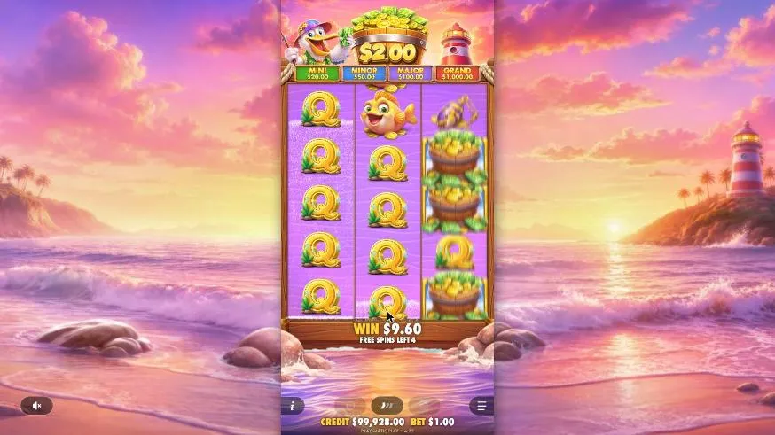 Pelican Payday free spins on a sunset beach with four spins left: $2.00 in the pot above the reels, buckets on reel 3, WIN $9.60