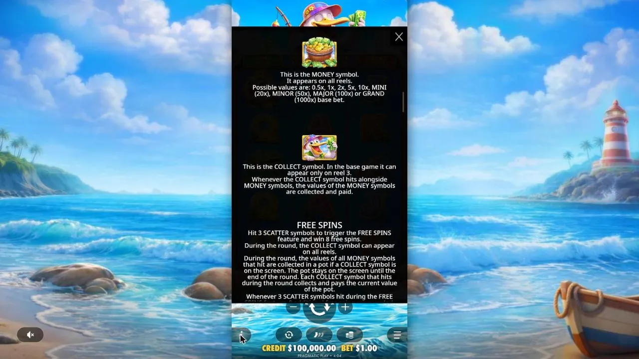 Pelican Payday rules page: money bucket values from 0.5x to the 1,000x Grand, the pelican collect on reel 3 and the free spins rules