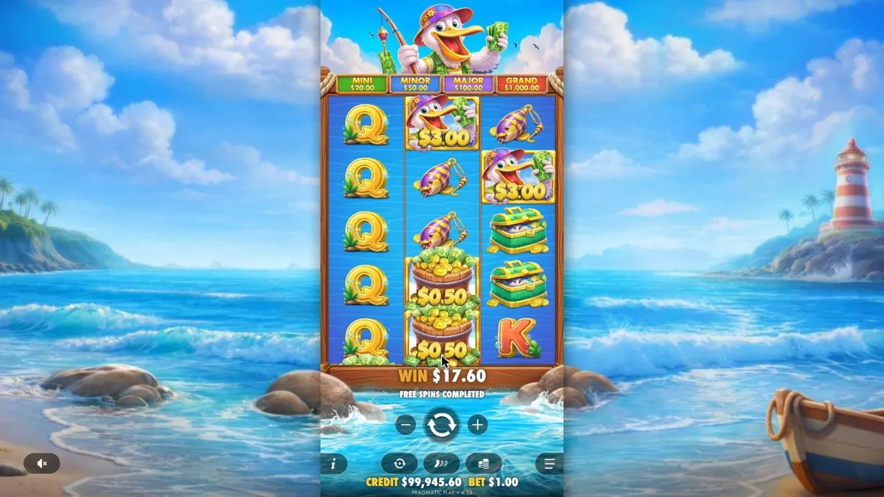 Pelican Payday board after the spin 90 free spins: two pelican collect symbols at $3.00 each and two $0.50 buckets, WIN $17.60