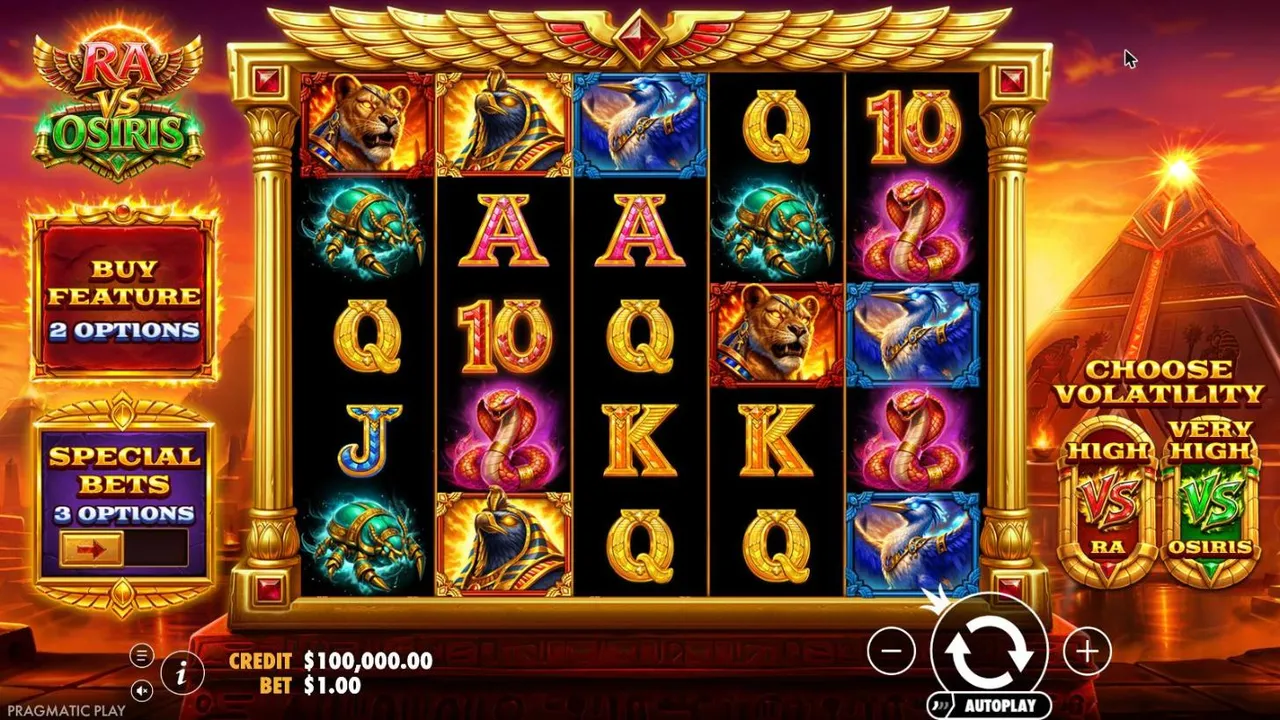 Ra vs Osiris base game in the Ra profile at a $1 bet: 5x5 reels in a gold temple frame, with a desert pyramid at sunset behind