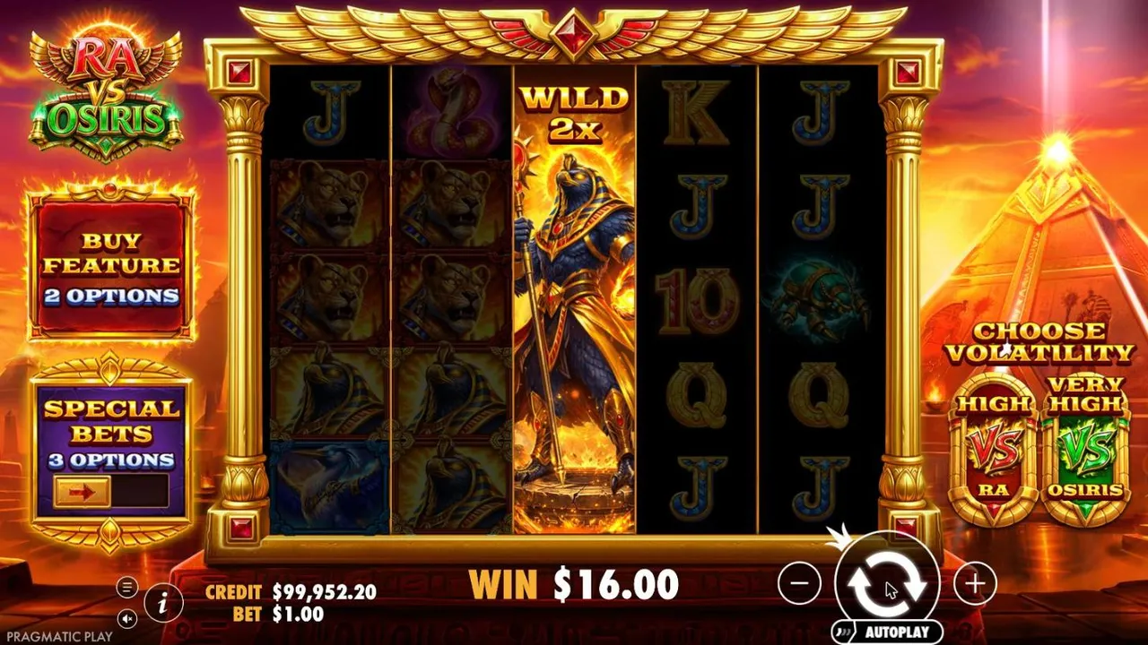 Ra vs Osiris spin 81 in the Ra profile at a $1 bet: a gold Ra wild with a 2x multiplier filling reel 3, WIN $16.00