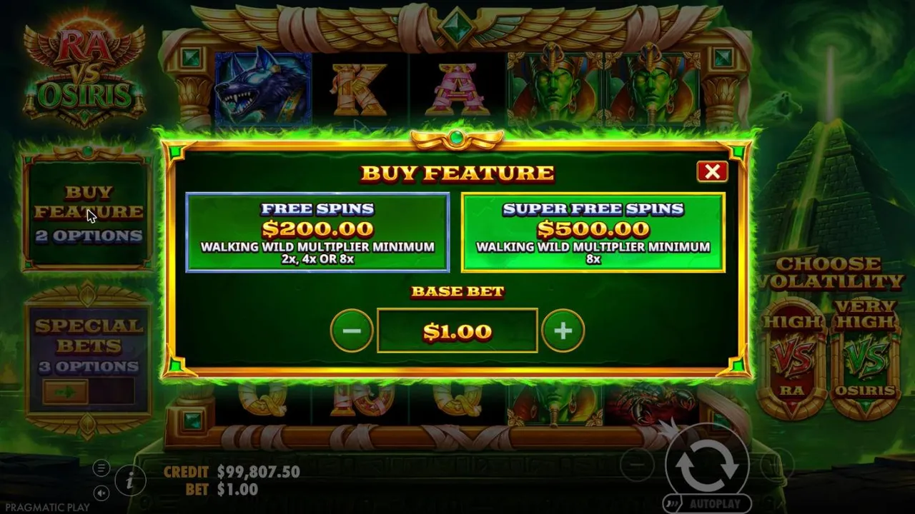 Ra vs Osiris Buy Feature menu in the green Osiris profile at a $1 base bet: Free Spins $200.00 and Super Free Spins $500.00