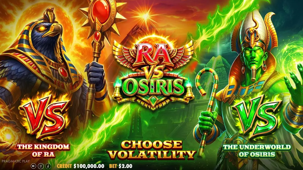 Ra vs Osiris Choose volatility screen: falcon-headed Ra with a red VS on the left, green Osiris with a green VS and a crook on the right