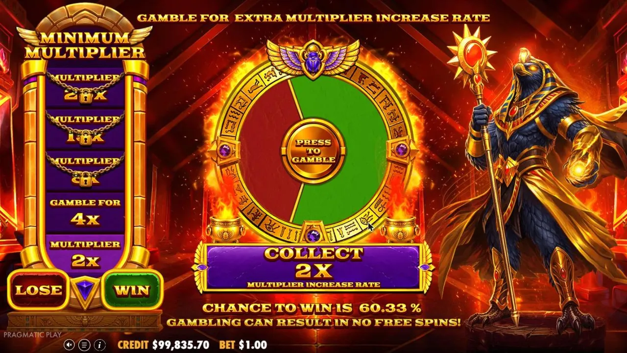 Ra vs Osiris gamble wheel before our $100 Ra buy: Collect 2x, a 60.33% chance to win and a warning that gambling can lose the free spins