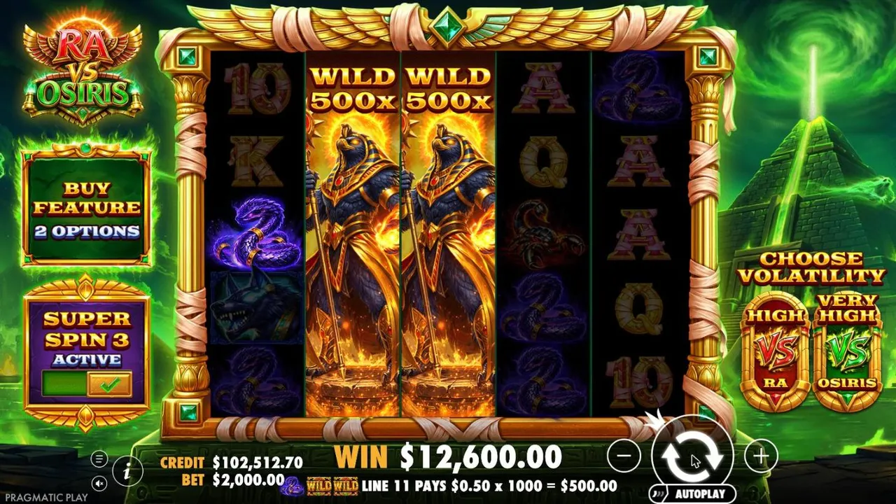 Ra vs Osiris Super Spin 3 in the Osiris profile at a $2,000 bet: two 500x wild reels side by side, settled at WIN $12,600.00