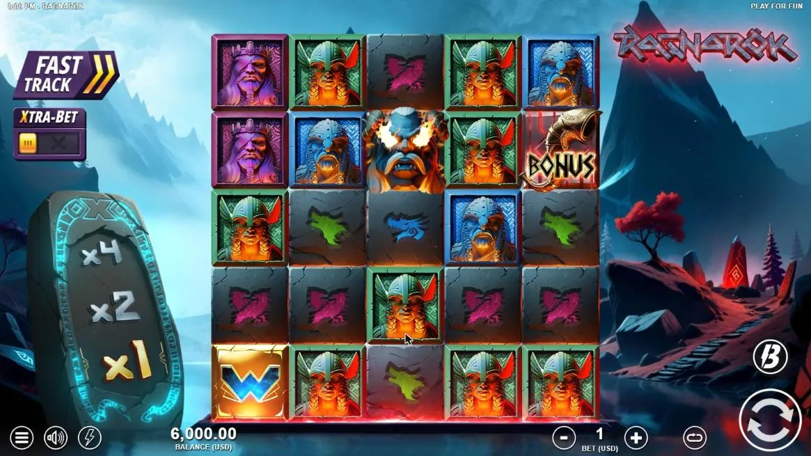 Ragnarok base game at a $1 bet: a 5x5 grid of carved Norse faces and rune stones, a Bonus horn, the multiplier stone at x1 and Xtra-Bet off