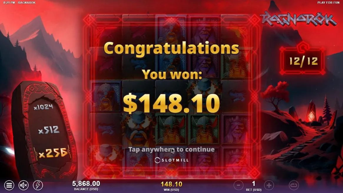 Ragnarok result screen for our $400 5 Bonus symbols buy at a $1 bet: You won $148.10, 12/12 free spins, the multiplier stone at x256