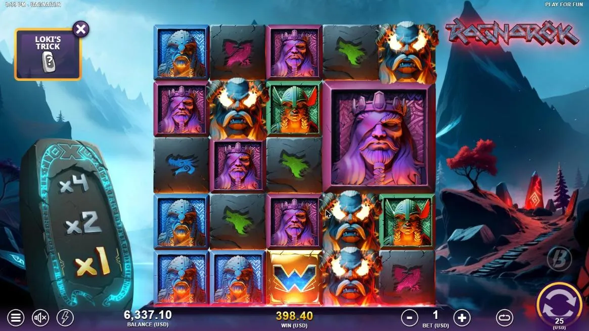 Ragnarok Loki's Trick spin 9 at $25 a spin, settled: a 2x2 giant purple king among the faces, WIN 398.40, balance 6,337.10