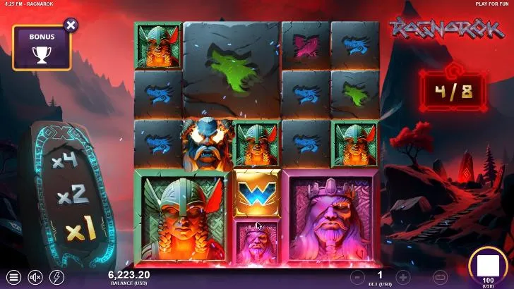 Ragnarok free spin 4 of 8 under a red sky: a 2x2 giant wolf stone, giant warrior and king symbols and a gold W Wild, the stone at x1