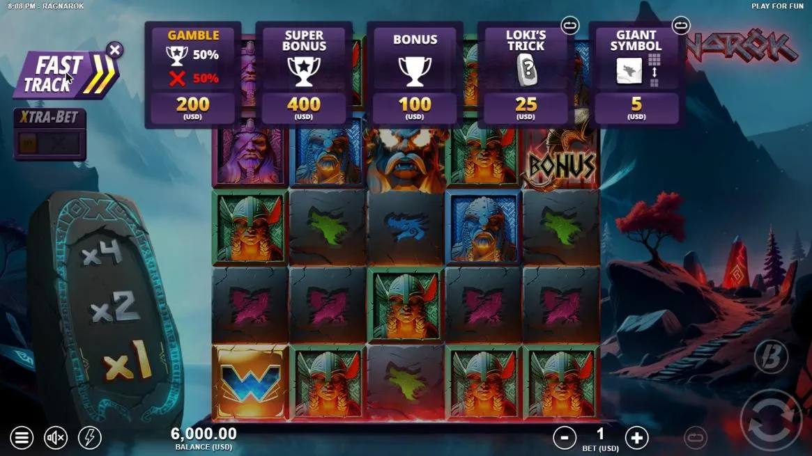 Ragnarok Fast Track menu at a $1 bet: Gamble 50/50 for 200, Super Bonus 400, Bonus 100, Loki's Trick 25 and Giant Symbol 5 USD