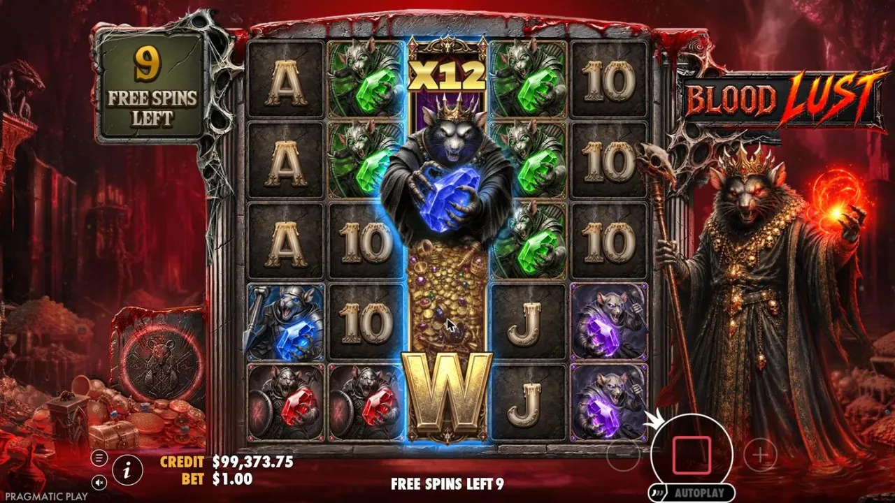 Rat Royale Blood Lust free spins with 9 left: the expanded rat king wild on the middle reel at X12 holding a blue gem